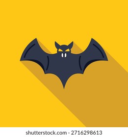 Murciélago de dibujos animados que muestra los dientes volando sobre fondo amarillo con sombra larga, perfecto para proyectos de halloween