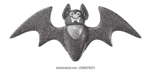 Cartoon bat silhouette in grain stipple style. Grunge monochrome dotworks elements. Trendy modern vector illustration.