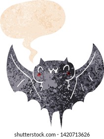 cartoon bat with speech bubble in grunge distressed retro textured style