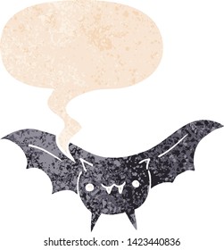 cartoon bat with speech bubble in grunge distressed retro textured style