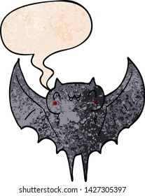 cartoon bat with speech bubble in retro texture style