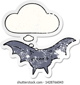 murciélago de caricatura con burbuja de pensamiento como pegatina gastada angustiada