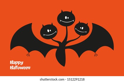 Cartoon bat with three monster heads. Halloween banner. Vector  