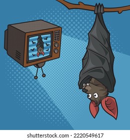 Cartoon bat watching TV upside down pinup pop art retro vector illustration. Comic book style imitation.