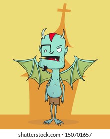 Cartoon bat winged gargoyle standing in front of church 