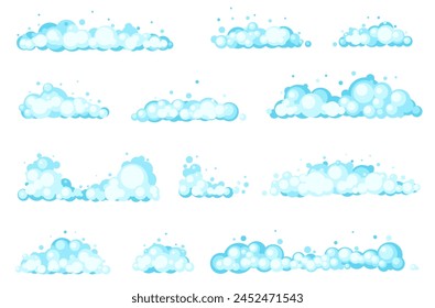 Cartoon bath foam. Blue shampoo balloons. Bath soap bubbles flat style. Detergent balls in water. Hygiene and washing borders. Cosmetic mousse. Soapy toiletry. Vector