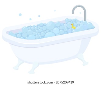 Cartoon bath isolated vector illustration. Relax bathroom with soap foam bubbles and small duck toy.