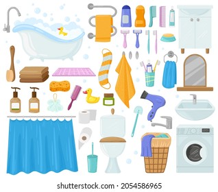 Cartoon bathroom elements, bathtub, sink, shower, towels and soap. Bath, hygiene products, toilet, washing machine, towels vector illustration set. Bathroom elements towel and sink, home toilet