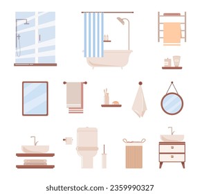 Cartoon bathroom furniture and accessories, shower, wash basin and bath textile. Bathroom interiors elements, skin care and towels vector illustrations set. 