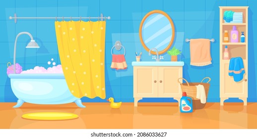 Cartoon bathroom furniture. Bath room interior house, home toilet kid bathtub baby shower, sink with mirror, child hygiene, tub hotel apartment, background vector illustration. Furniture bath cartoon