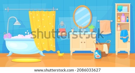 Cartoon bathroom furniture. Bath room interior house, home toilet kid bathtub baby shower, sink with mirror, child hygiene, tub hotel apartment, background vector illustration. Furniture bath cartoon