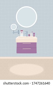 Fondo interior del cuarto de baño de dibujos animados. Lavabo, grifo, espejo, armario, decoración de la casa, alfombra, cepillo de dientes y artículos de higiene. Ilustración vectorial plana de color.
