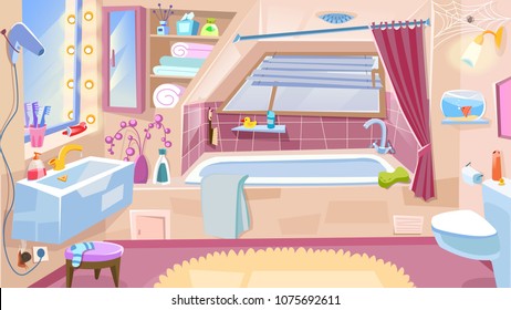 Cartoon Bathroom. Bathroom Interior with bathtub, faucet toilet sink, mirror. Vector illustration