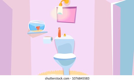 Cartoon Bathroom. Bathroom Interior with bathtub, faucet toilet sink, mirror. Vector illustration