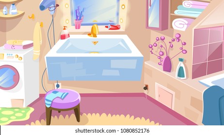 Cartoon Bathroom. Bathroom Interior with bathtub, faucet toilet sink, mirror. Vector illustration