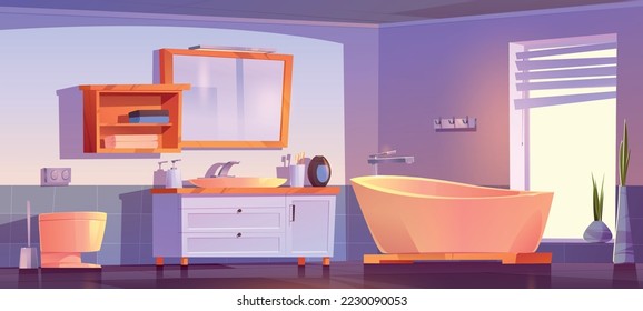 Cartoon bathroom interior design. Vector illustration of bath, toilet, sink, mirror, toothbrushes, soap bottle, towels on shelf in clean room with large window and flower pot. Home comfort and hygiene