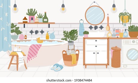 Cartoon bathroom interior. Foam bathtub with curtain, sink, washer and mirror. Shelf with bath goods and product. Cozy room vector furniture