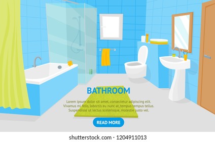 Cartoon Bathroom Interior With Furniture Card Poster Ad Include Of Shower, Mirror, Sink, Bath, Faucet And Towel. Vector Illustration