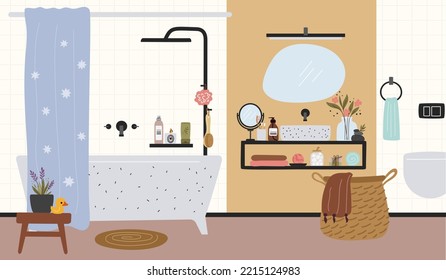 Cartoon bathroom interior. Furniture and plumbing in Scandinavian style. Restroom decor. Bathtub and sink. Hygiene equipment. Shower curtain. Mirror and shelving. Garish