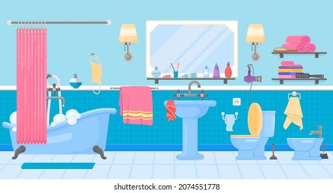 Cartoon bathroom interior. Hotel bathtub, closet with sink and mirror. Toilet furniture, hygiene shower. Home room with ceramic tile decent vector scene