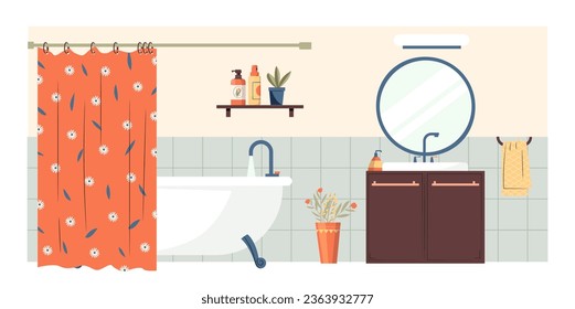 Cartoon Badezimmer Inneneinrichtung mit Spiegel und Badewanne. Vektorgrafik von Cartoon-Wohnbadewanne, Waschbecken und Dusche, Inneneinrichtung des Innenraums für Hygienebilder