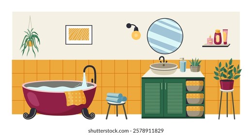 Cartoon bathroom interior with mirror, bathtub filling with water, sink, houseplants, towels and hygiene items on shelves, home interior design in trendy colors