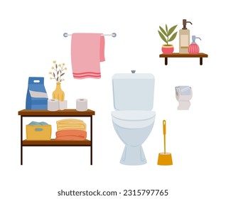 Cartoon bathroom interior. Modern decorative washroom with toilet and sink. Bathroom interior flat vector background illustration