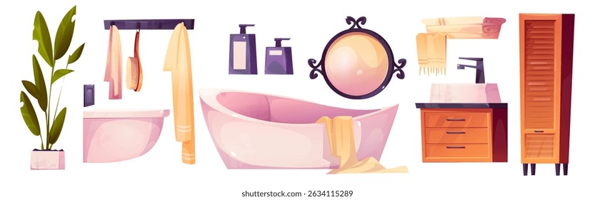Cartoon bathroom interior set - bathtub with towel and toilet, wall mirror and hanging towels on hooks, soap dispensers, tall storage locker, green potted plant for modern home decoration elements.