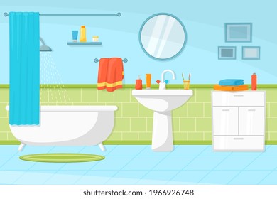 Cartoon bathroom interior. Tub and sink, flat restroom in house. Hygiene room, bath towels in hotel. Shower design recent vector illustration