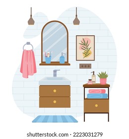 Cartoon bathroom interior, washroom with sink, mirror and plants. Scandinavian bathroom interior, cosy decorated bathroom vector illustration. Modern flat bathroom
