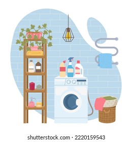 Cartoon bathroom, scandinavian style washroom interior. Flat decorated bathroom, modern bath interior with washing machine flat vector background illustration. Cosy bathroom scene