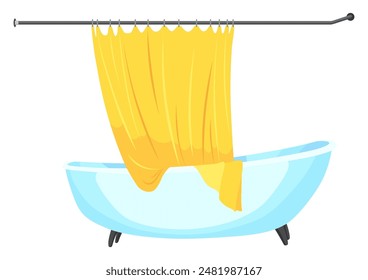 Cartoon bathroom. Vintage blue bathtub and yellow curtain. Bath time in flat style vector illustration. Mockup for web design, isolated on white background