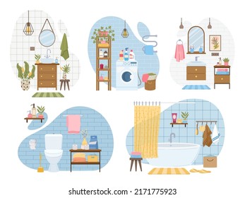 Cartoon bathroom and washroom interiors, modern bathroom with bathtub and toilet. Cosy bathroom, shower, wash basin and plants vector illustrations set. Scandinavian bathroom scenes