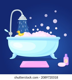 Cartoon bathtub interior. Tub with bubbles foam in bathroom, soap shower, baby water toy cute yellow rubber duck bath faucet room furniture spa care hygiene, neat vector illustration