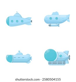 Cartoon bathyscaphe icons set cartoon vector. Yellow childish bathyscaphe. Underwater vessel, toy