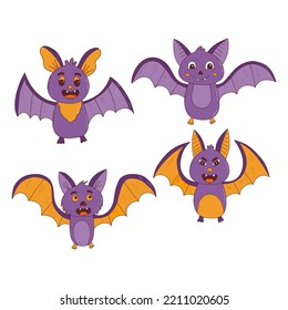 Cartoon bats collection. Halloween elements. Trick or treat concept. Vector illustration in hand drawn style