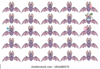 los murciélagos de dibujos animados con diferentes emociones. un gran conjunto de emojis aislados sobre un fondo blanco es perfecto para Halloween. ilustraciones de material vectorial