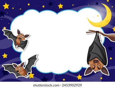 Cartoon bats flying under a crescent moon at night.