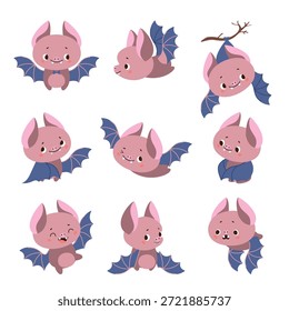 Morcegos desenhos animados. Personagens engraçados de morcegos, animais voadores selvagens noturnos. Mascotes isolados de crianças, poses diferentes de animais da floresta. Rostos bonitos, conjunto vetorial atual