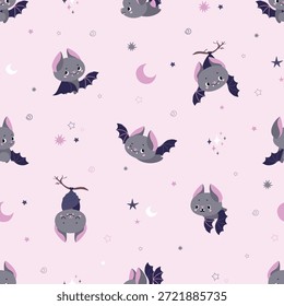Cartoon Fledermäuse nahtlose Muster. Lustige Fledermaus, gruseligen Wald wilde Tiere verschiedenen Emotionen. Stylischer Druck für Stoff, Textil, Tapete, Umhüllung, heutzutage Vektorhintergrund