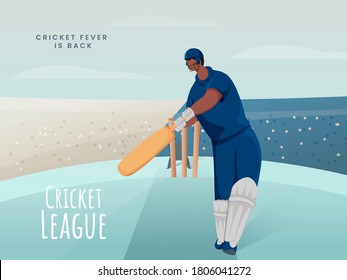 Cartoon Batsman Player in Action Pose on Abstract Playground for Cricket League Fever Is Back Concept.
