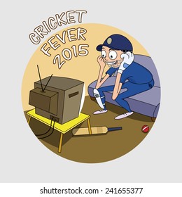 Cartoon Of A Batsman In Uniform Watching Match On Tv For Cricket Fever 2015 Concept.