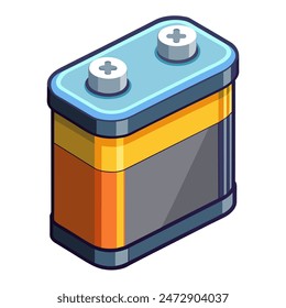 Cartoon battery with design and technology keywords on white background
