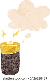cartoon battery with thought bubble in grunge distressed retro textured style