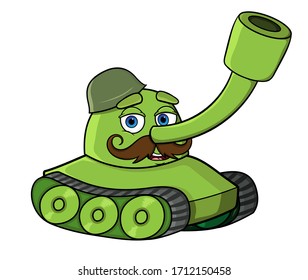 Cartoon battle tank with face and mustache.Isolated on a white background. Stock illustration vector.