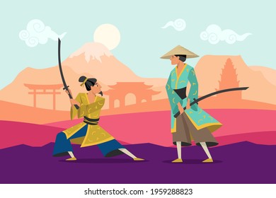 Cartoon battle of two eastern warriors in kimono. Flat vector illustration. Samurai characters fighting with swords in traditional background with torii. Eastern Asia, samurai, fight, culture concept