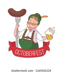 Cartoon Bavarian man in Octoberfest with beer and big smooking sousage. With space for text.