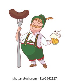 Cartoon Bavarian man in Octoberfest with beer and big smooking sousage. 