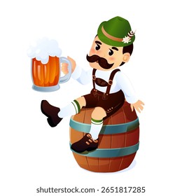 Cartoon Homem bávaro em traje tradicional Oktoberfest sentado em barril de cerveja de madeira segurando caneca espumosa vestindo chapéu alpino verde lederhosen branco camisa meias listradas e sapatos pretos