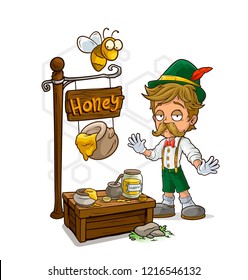 Cartoon bavarian with mustache character and sweet honey vendor booth or shop market with text sign. Vector icon for game.